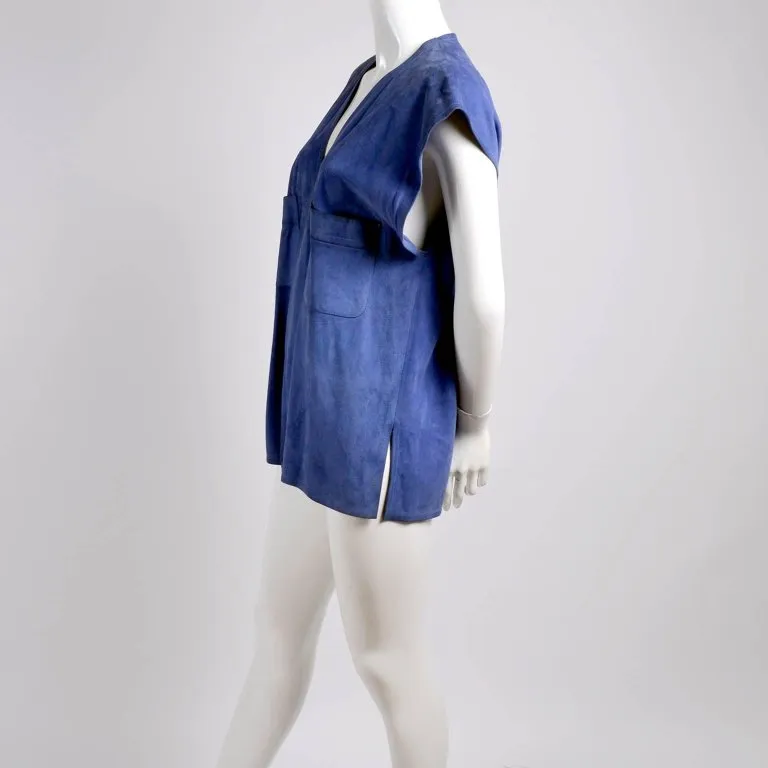 1970s Gucci Blue Suede Vest or Sleeveless Jacket with Breast Pockets