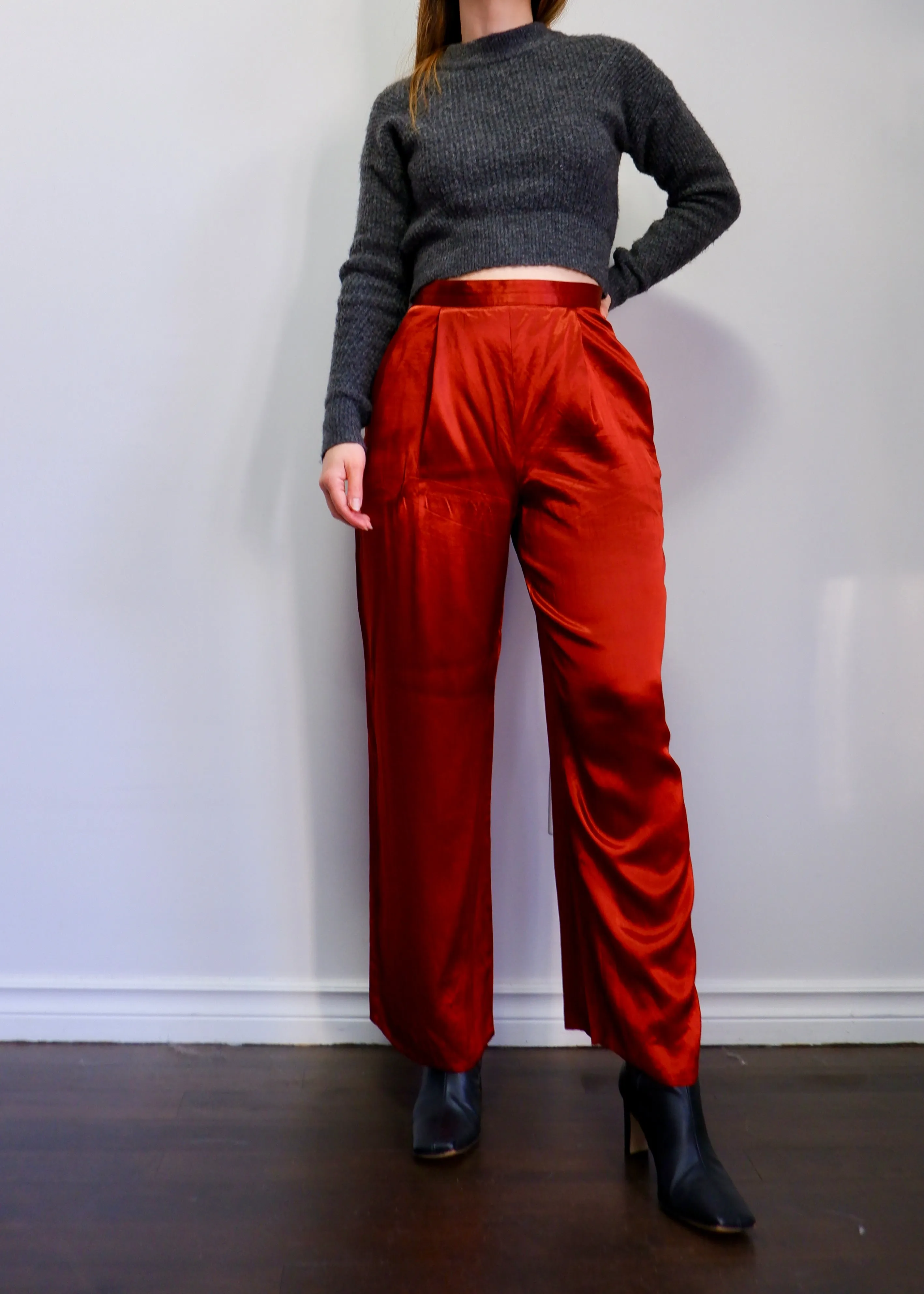 90s Burnt Orange Wide Leg Flowy Trousers - M