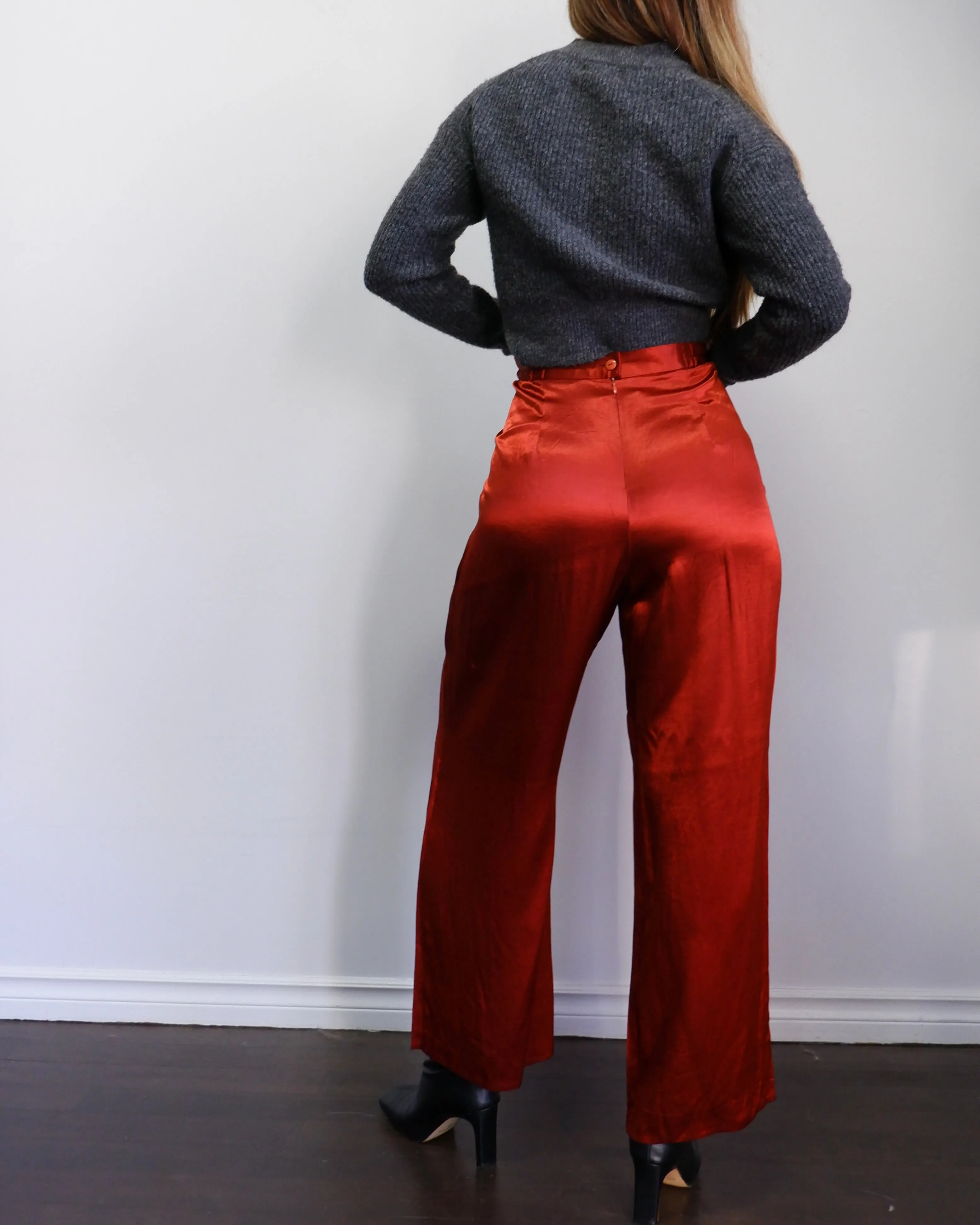 90s Burnt Orange Wide Leg Flowy Trousers - M