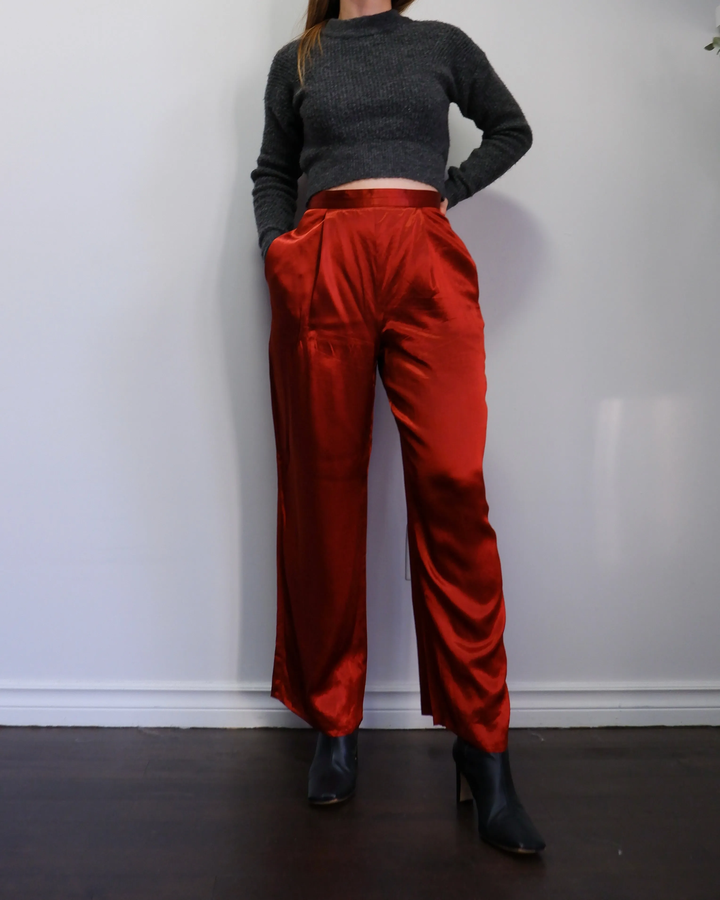 90s Burnt Orange Wide Leg Flowy Trousers - M