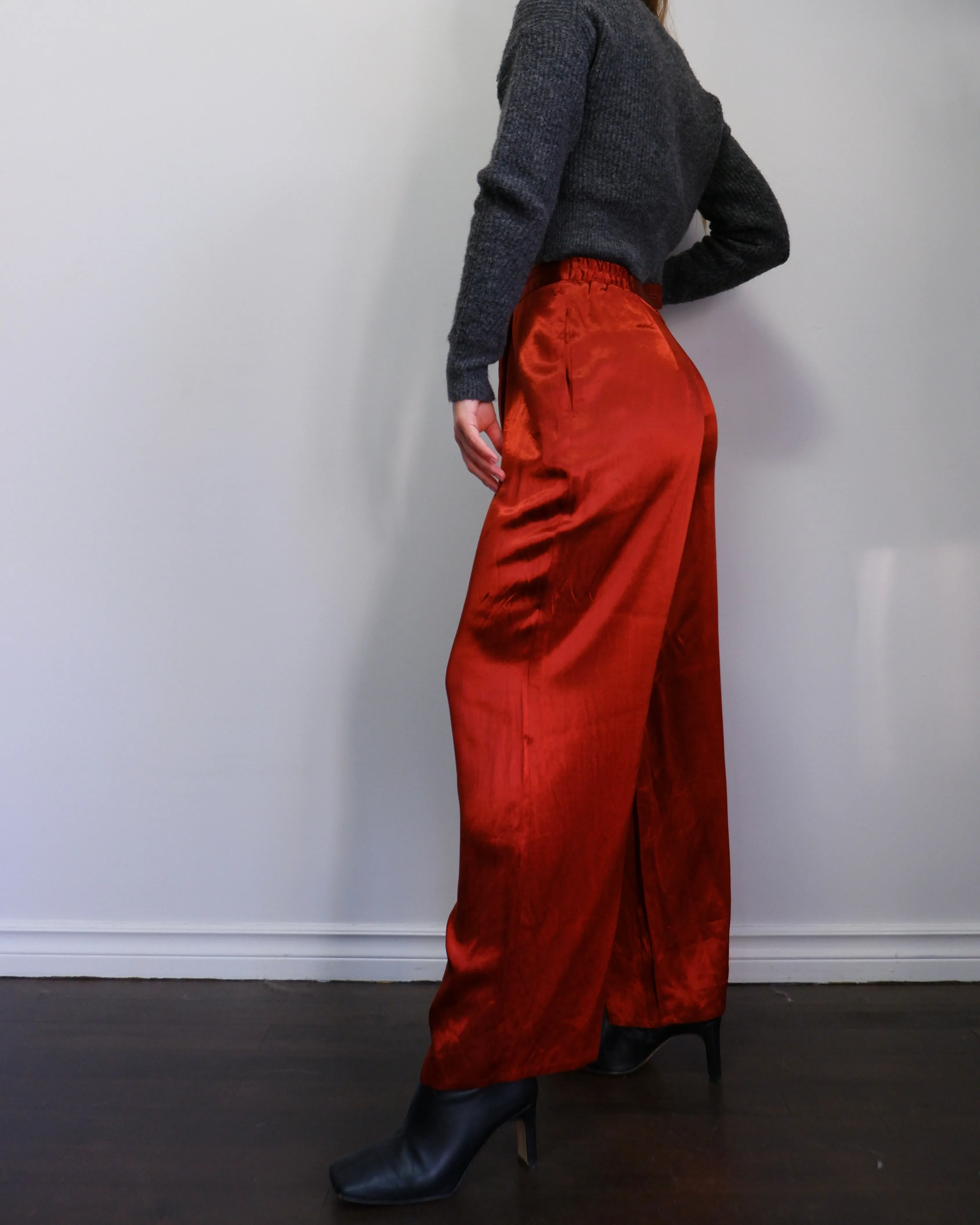 90s Burnt Orange Wide Leg Flowy Trousers - M