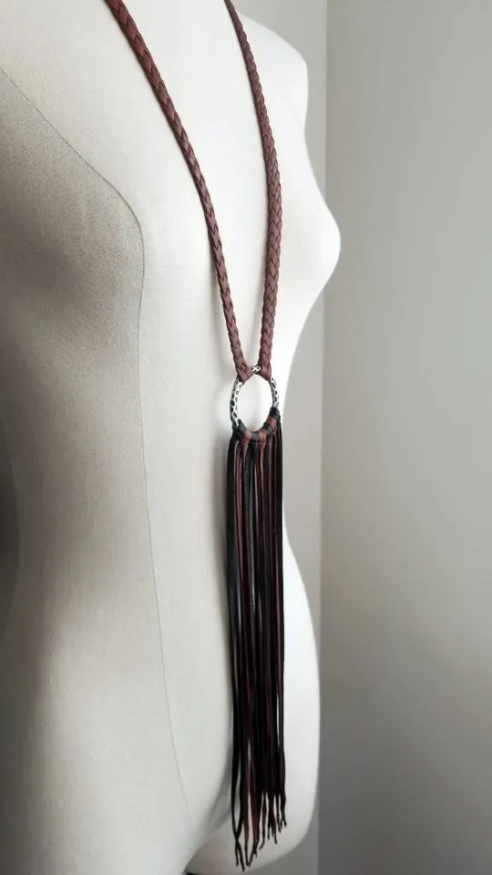 Aisha Braided Leather Fringe Necklace | Old World Hammered Ring & African Beads  - SS1075