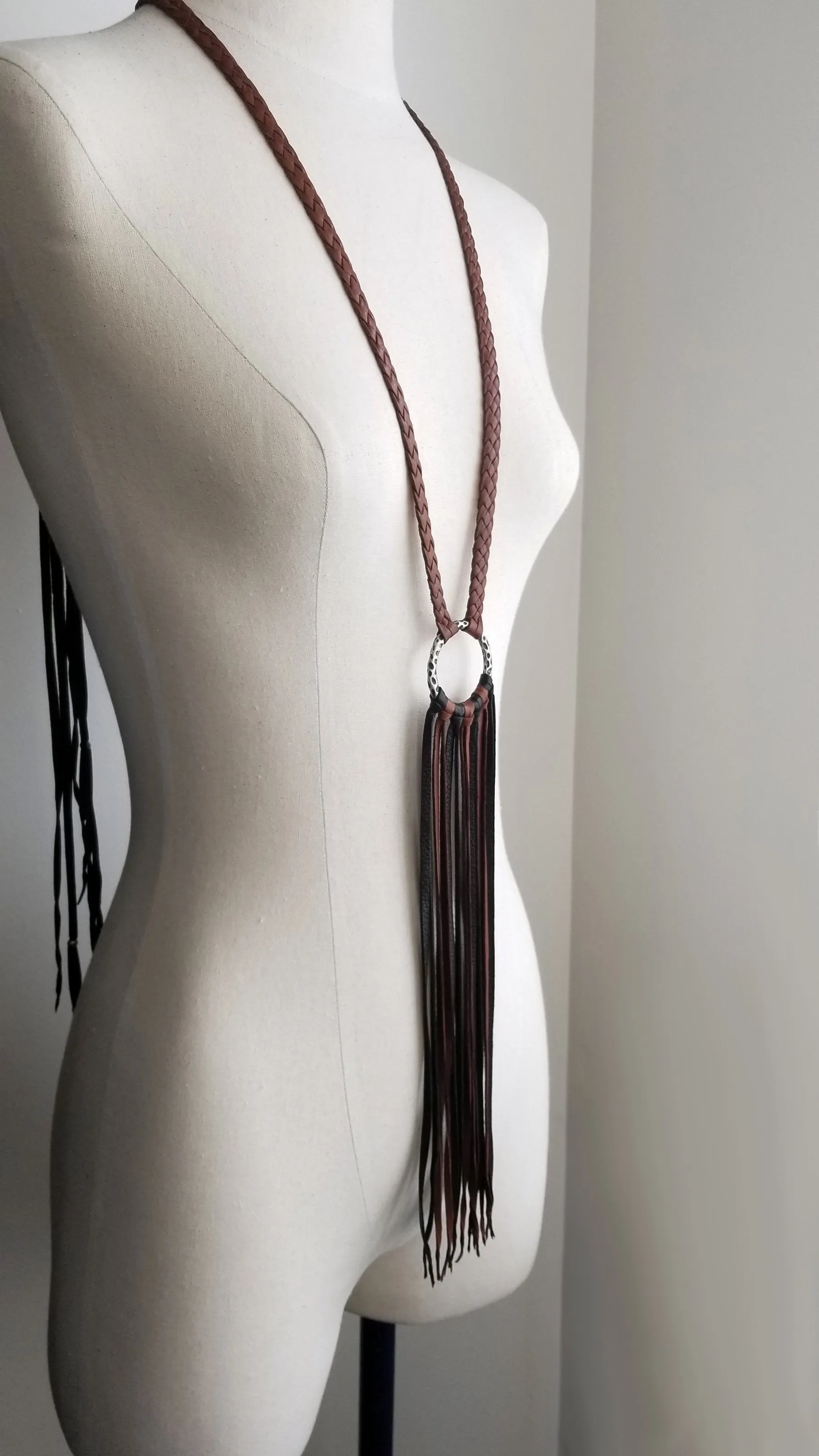 Aisha Braided Leather Fringe Necklace | Old World Hammered Ring & African Beads  - SS1075