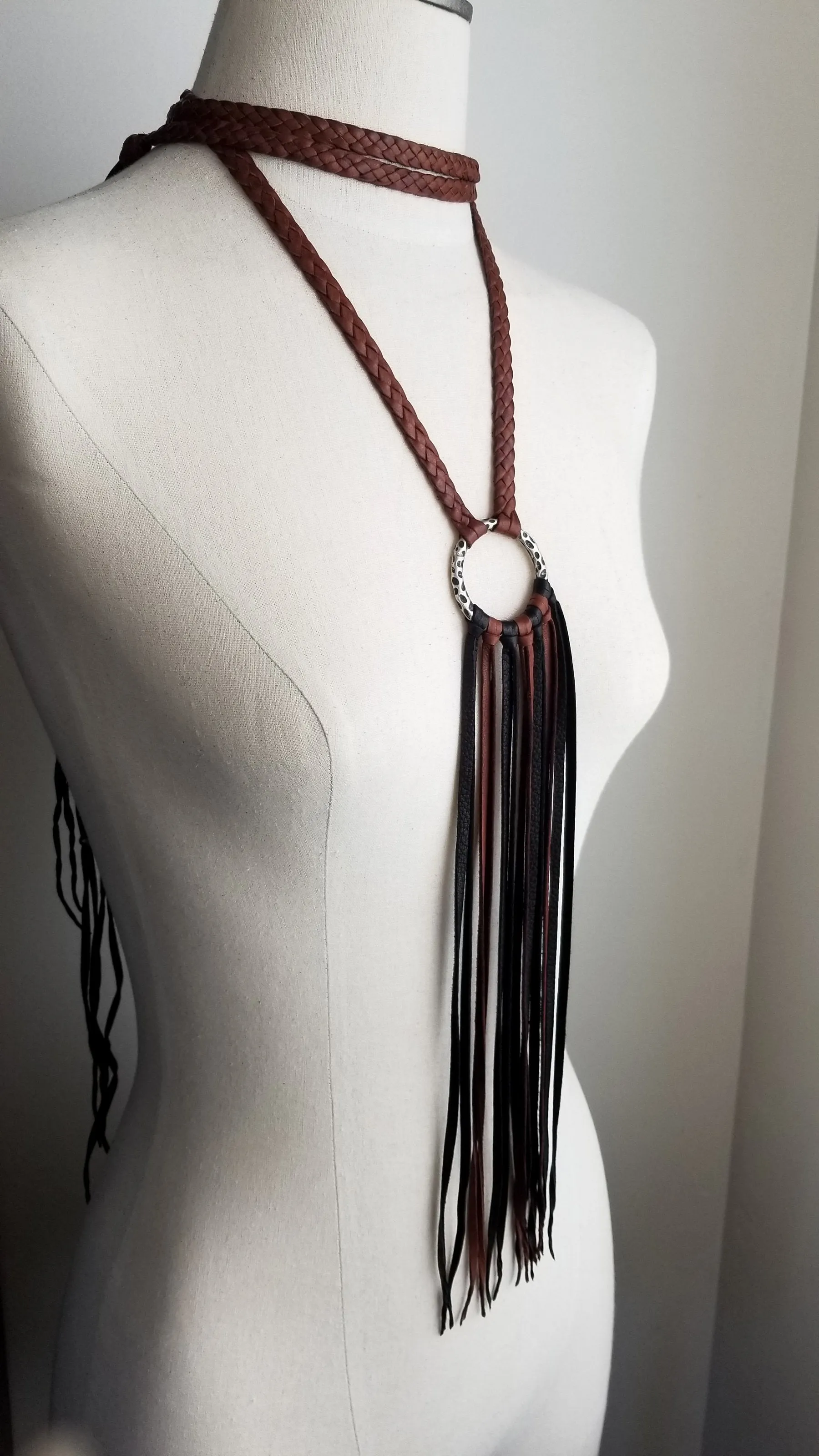 Aisha Braided Leather Fringe Necklace | Old World Hammered Ring & African Beads  - SS1075