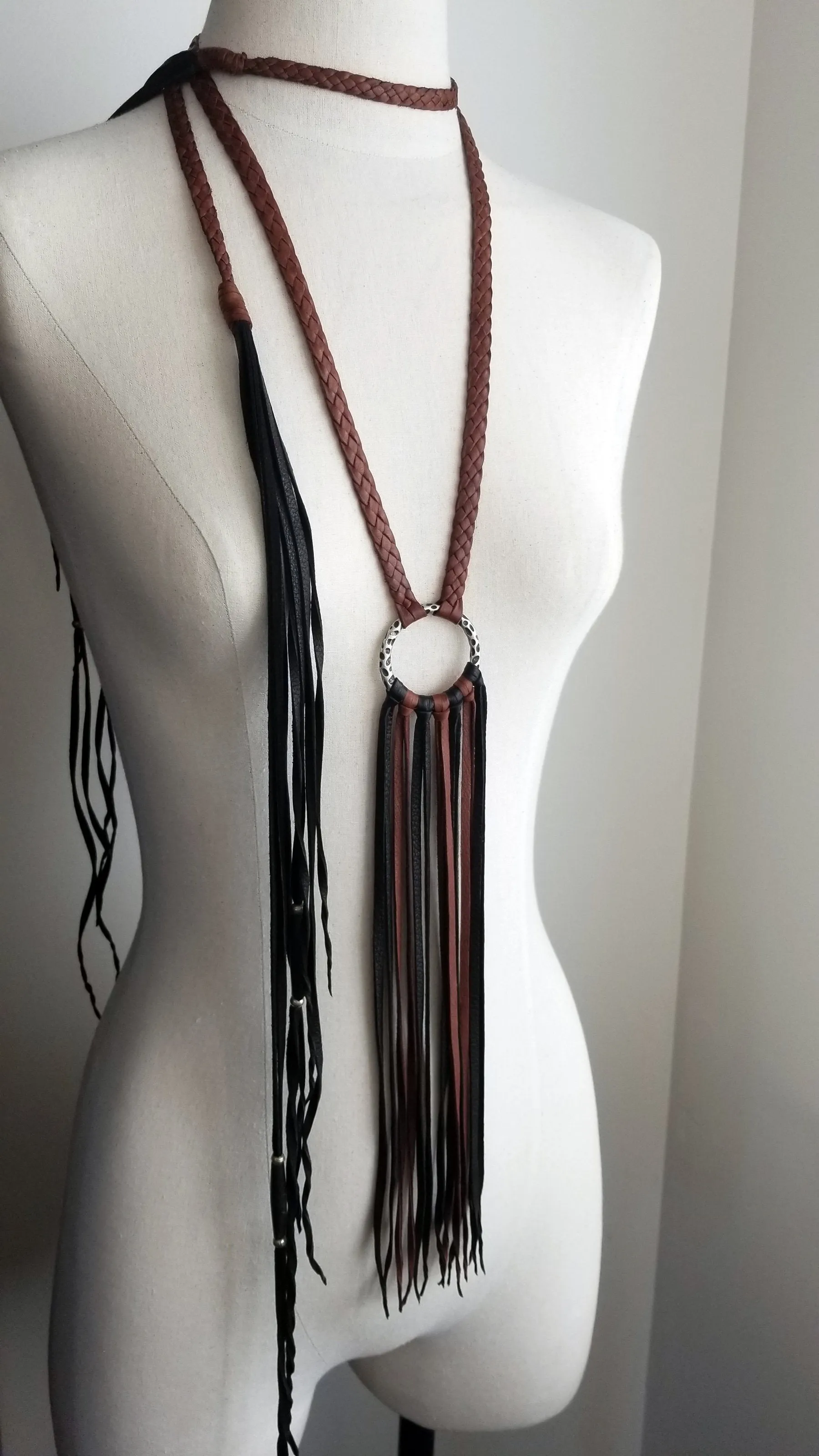 Aisha Braided Leather Fringe Necklace | Old World Hammered Ring & African Beads  - SS1075