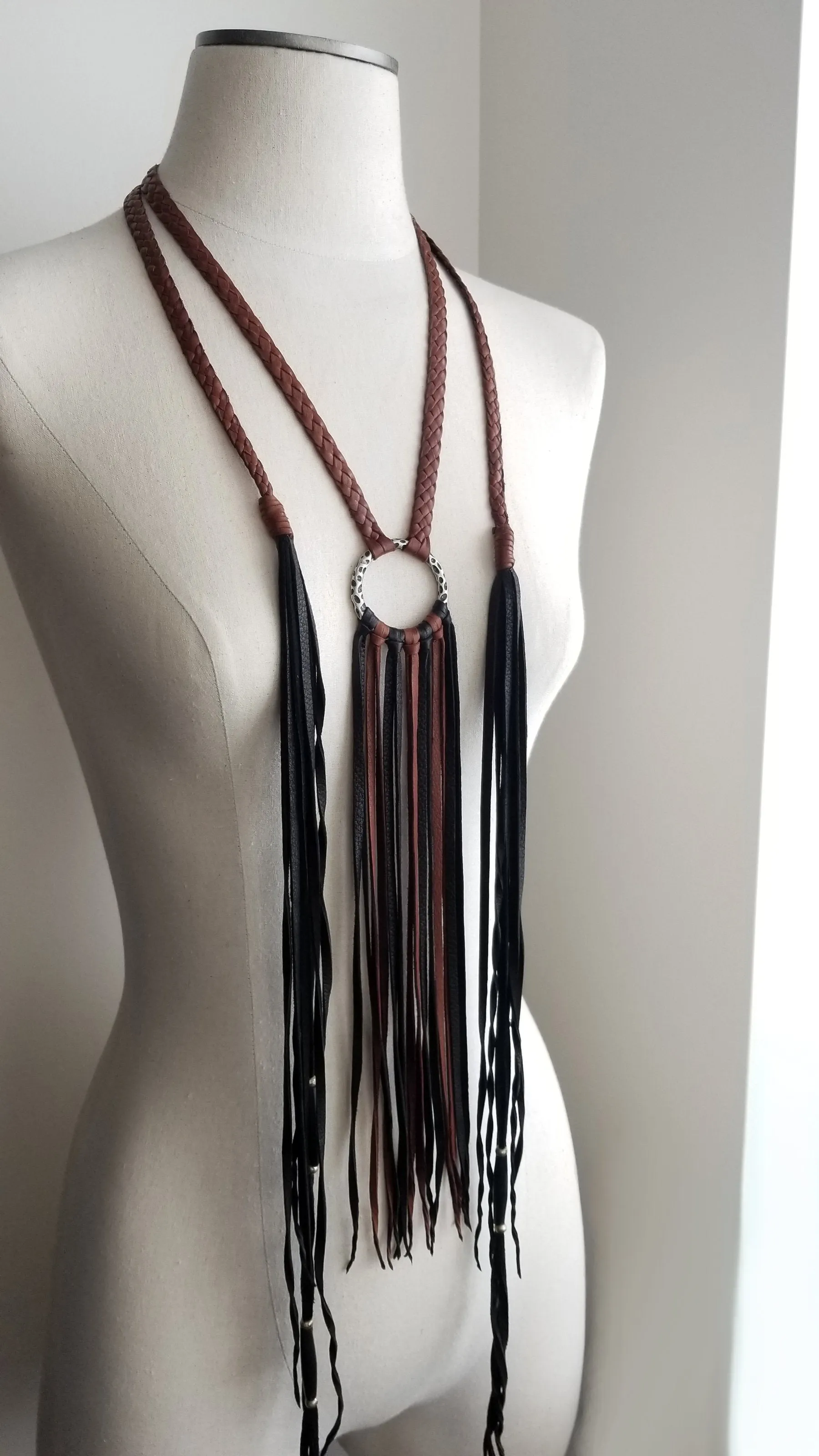 Aisha Braided Leather Fringe Necklace | Old World Hammered Ring & African Beads  - SS1075