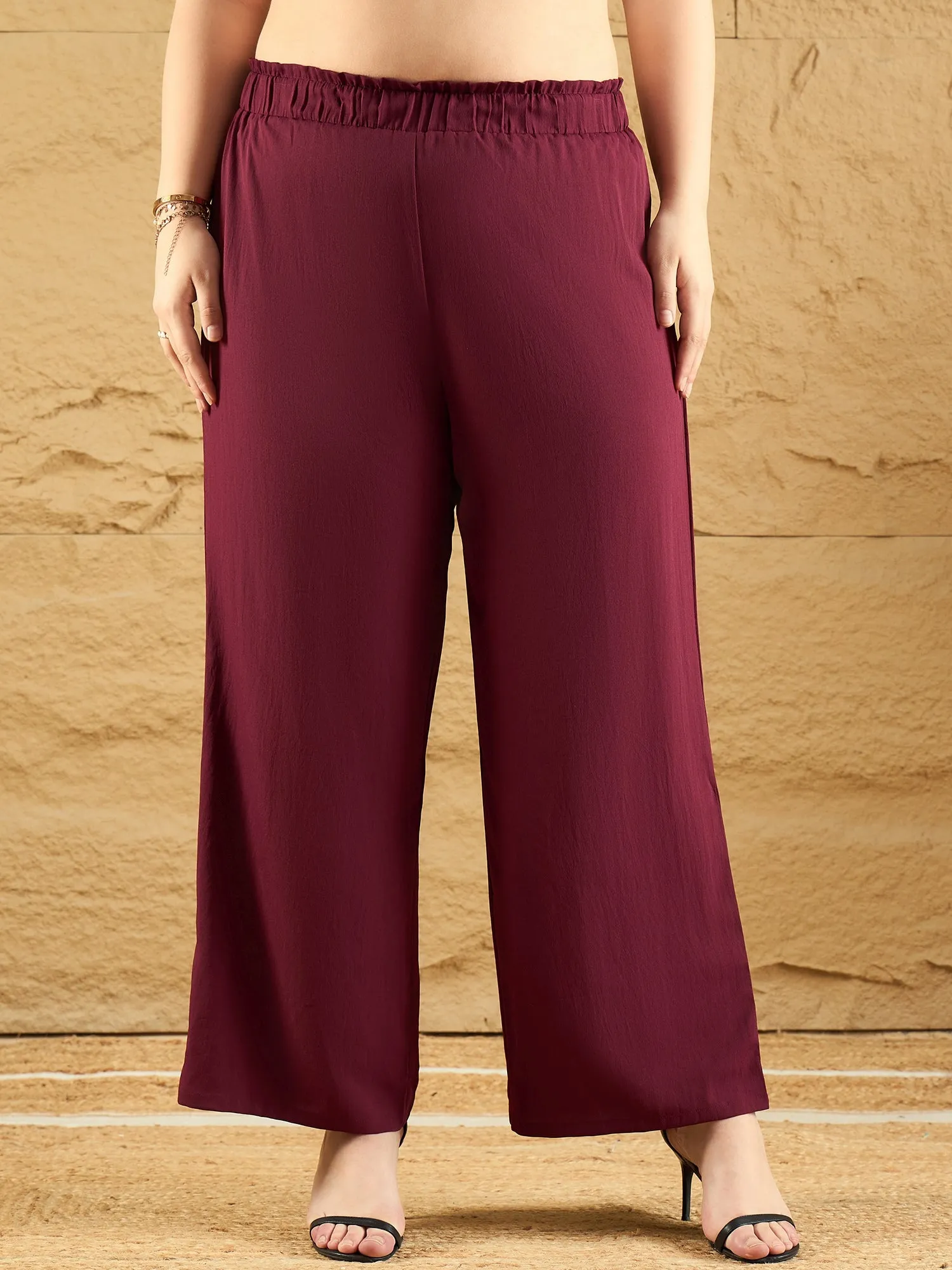 Berrylush Curve Women Solid Maroon High-Rise Elastic Waist Slip-On Wide-Leg Pleated Regular Parallel Trousers