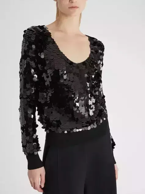 Black Heavily-Sequined Plunge-Neck Top with Ribbed Knit Trim