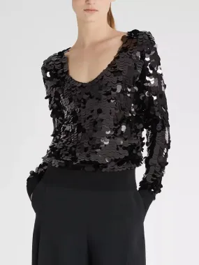 Black Heavily-Sequined Plunge-Neck Top with Ribbed Knit Trim