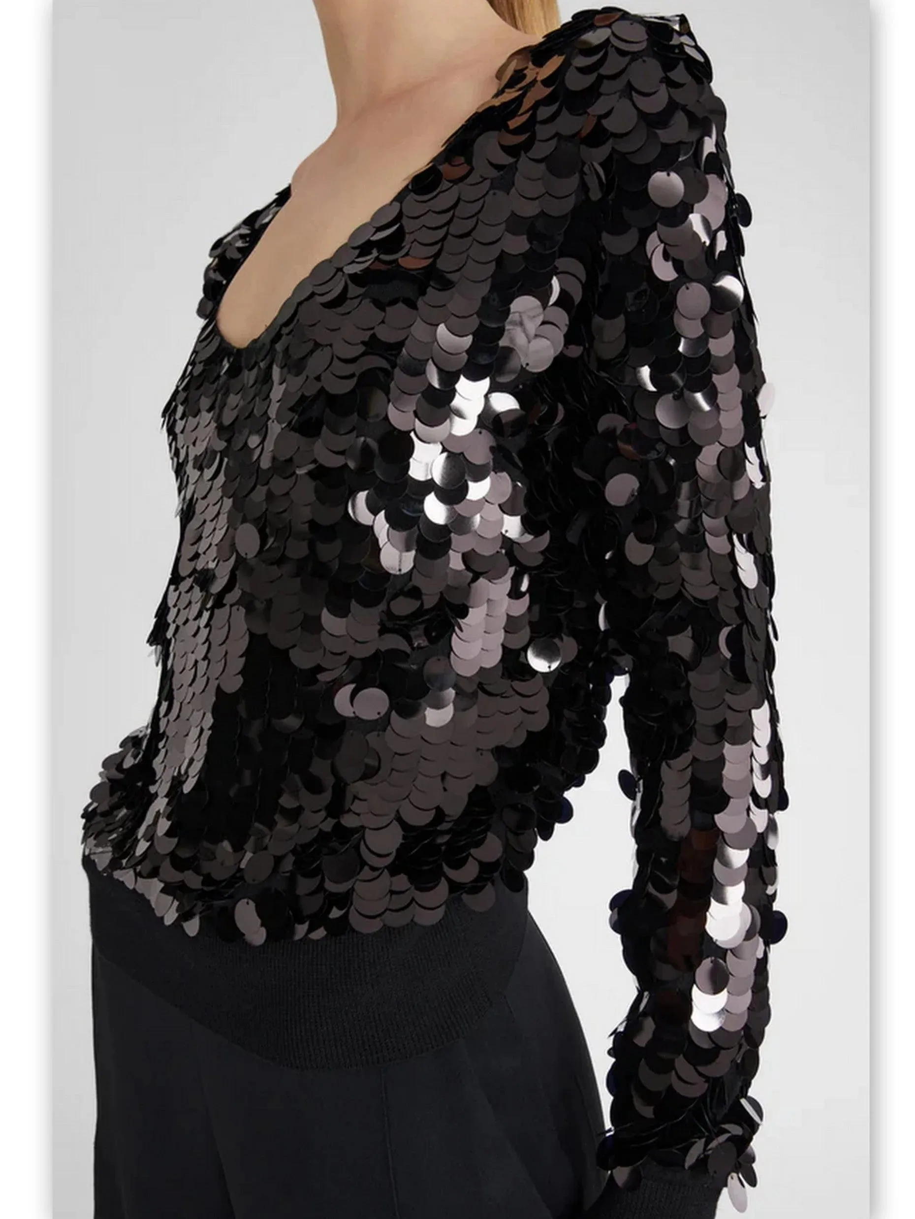 Black Heavily-Sequined Plunge-Neck Top with Ribbed Knit Trim