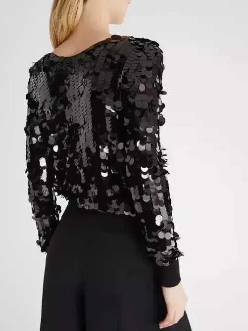 Black Heavily-Sequined Plunge-Neck Top with Ribbed Knit Trim