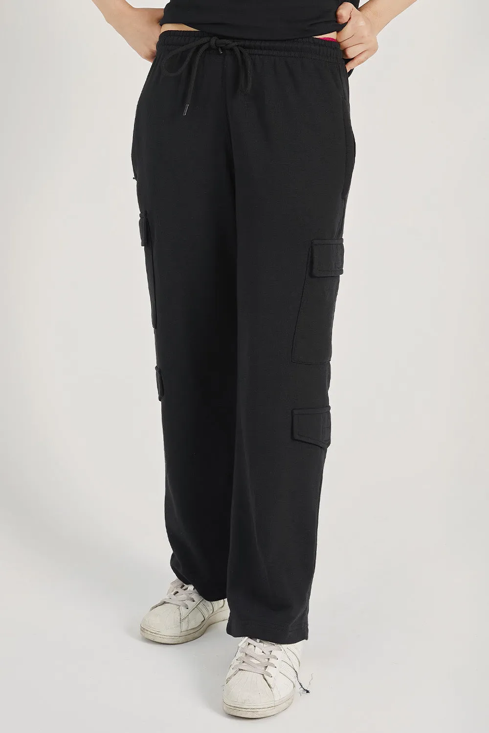 Black Wide Legged Cargo Trousers - W