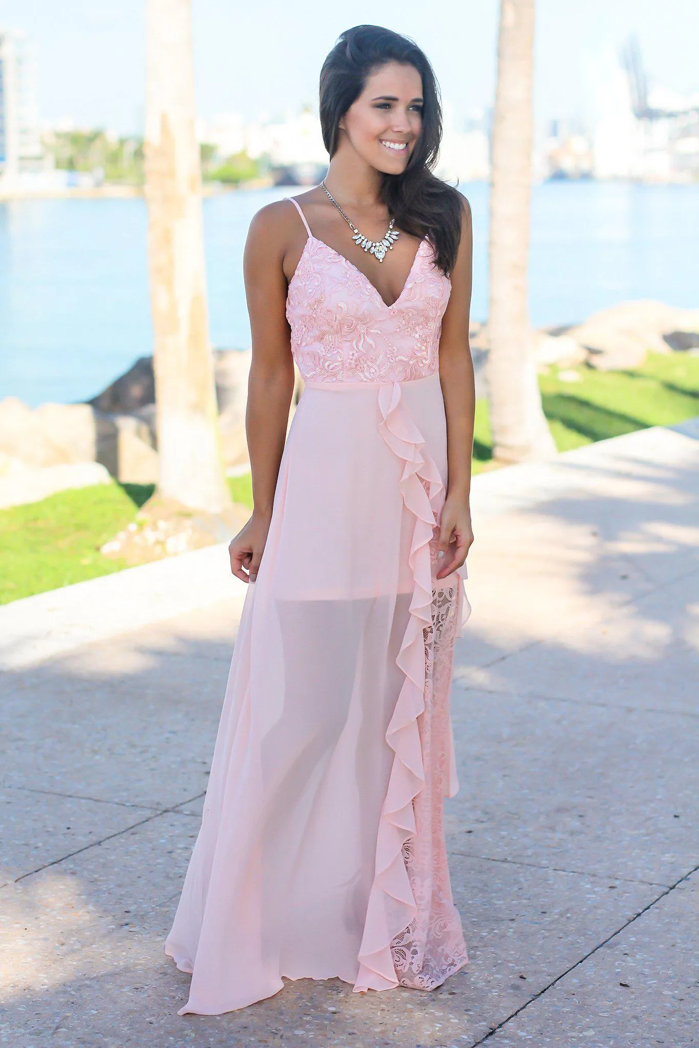 Blush Maxi Dress with Embroidered Top and Lace Detail