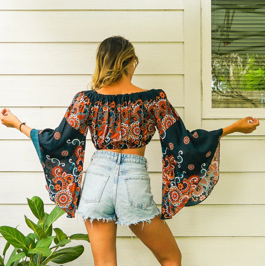 Bohemian Flowers Teal Orange Bell Sleeves Top