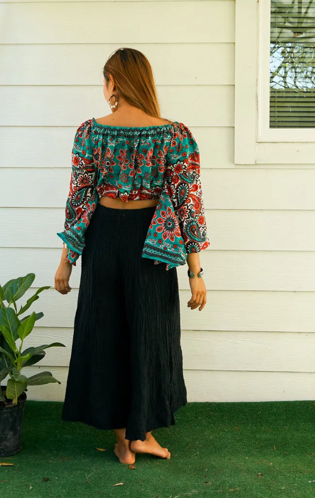 Bohemian Red Teal Paisley Mandala Bell Sleeves Top