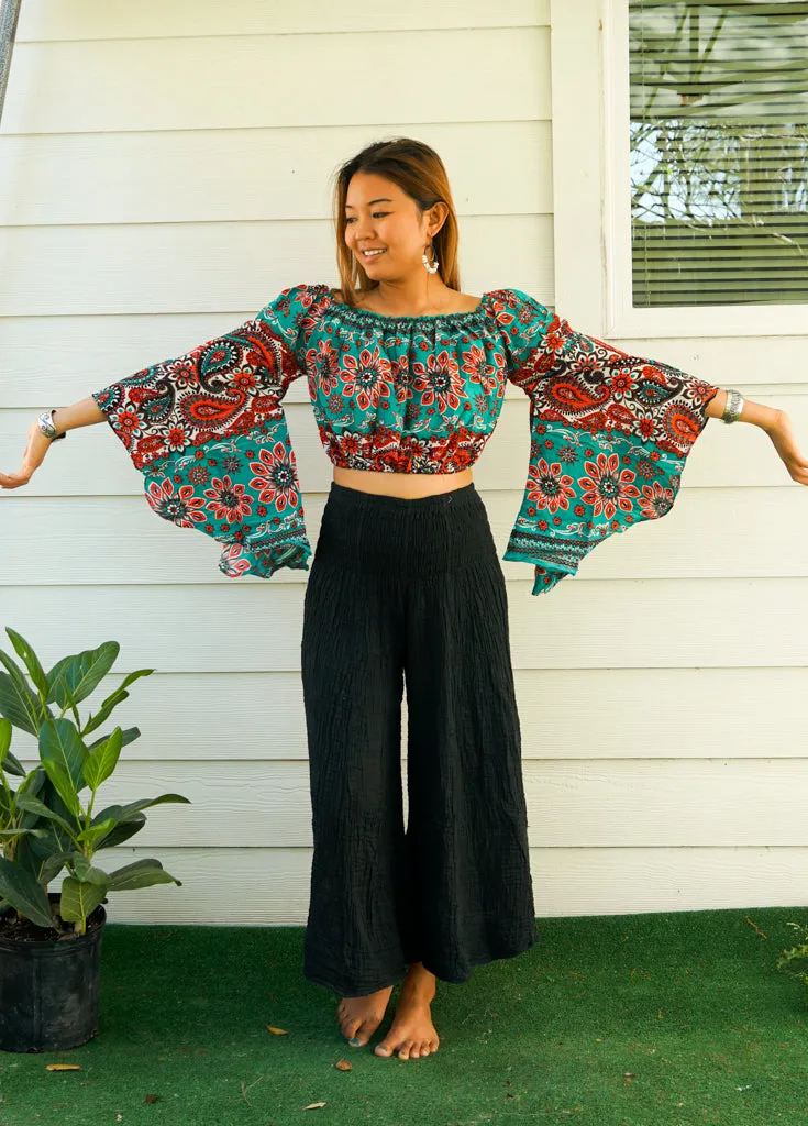 Bohemian Red Teal Paisley Mandala Bell Sleeves Top