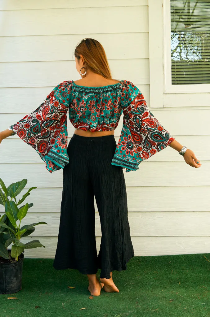 Bohemian Red Teal Paisley Mandala Bell Sleeves Top