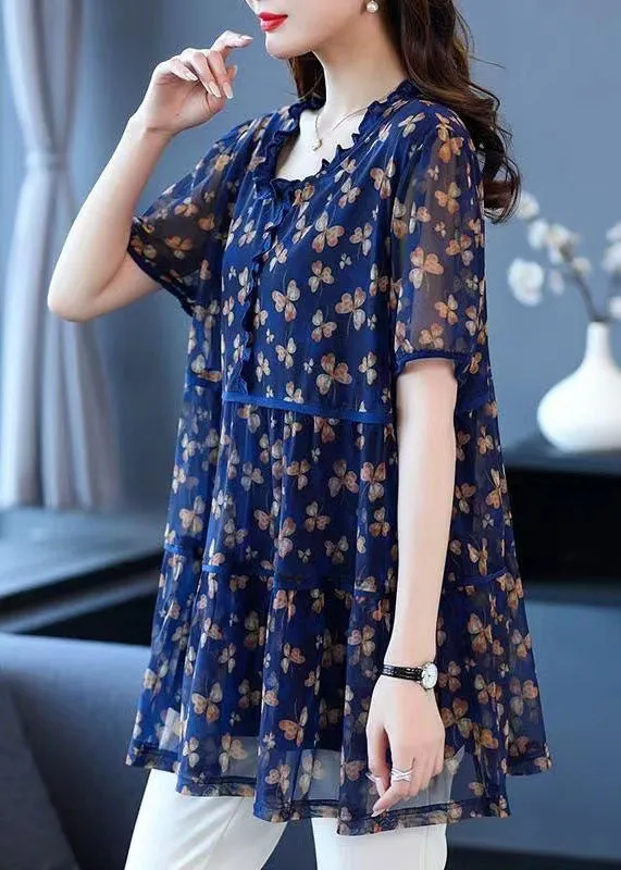 Boho Blue Ruffled Print Patchwork Linen Blouse Tops Summer TP1020