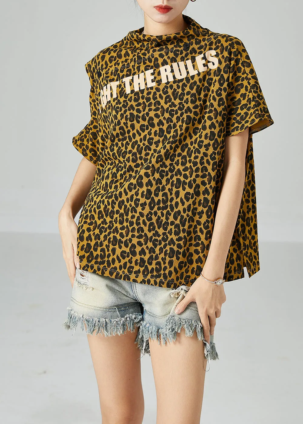 Boho Yellow Cold Shoulder Leopard Print Cotton Tops Summer LY2470