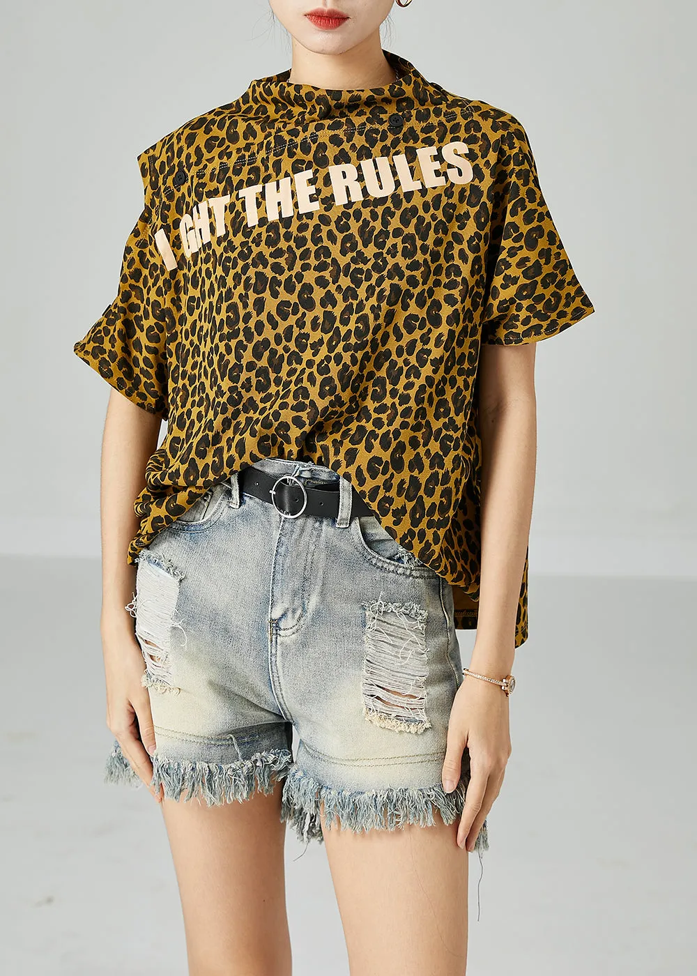 Boho Yellow Cold Shoulder Leopard Print Cotton Tops Summer LY2470