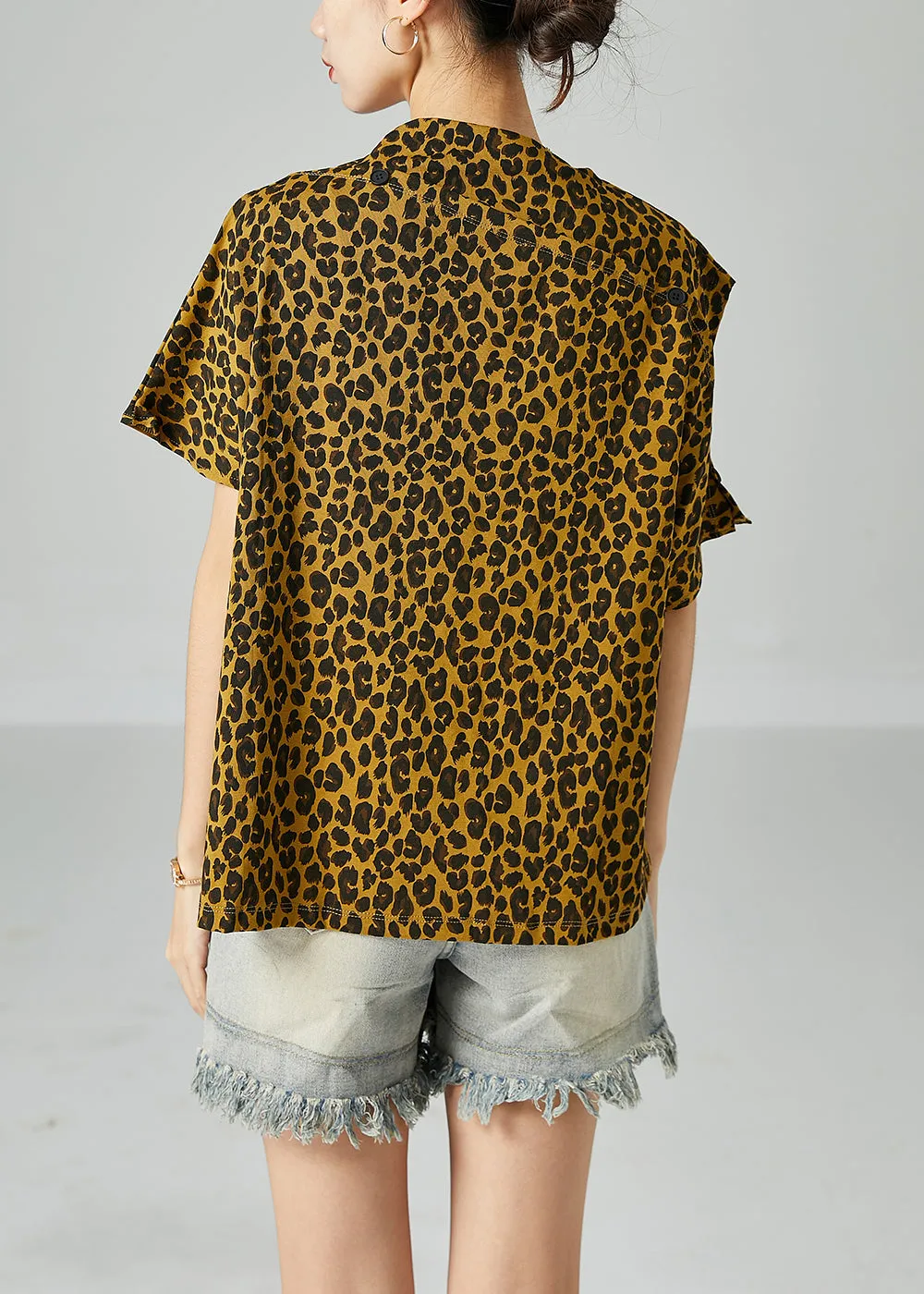 Boho Yellow Cold Shoulder Leopard Print Cotton Tops Summer LY2470