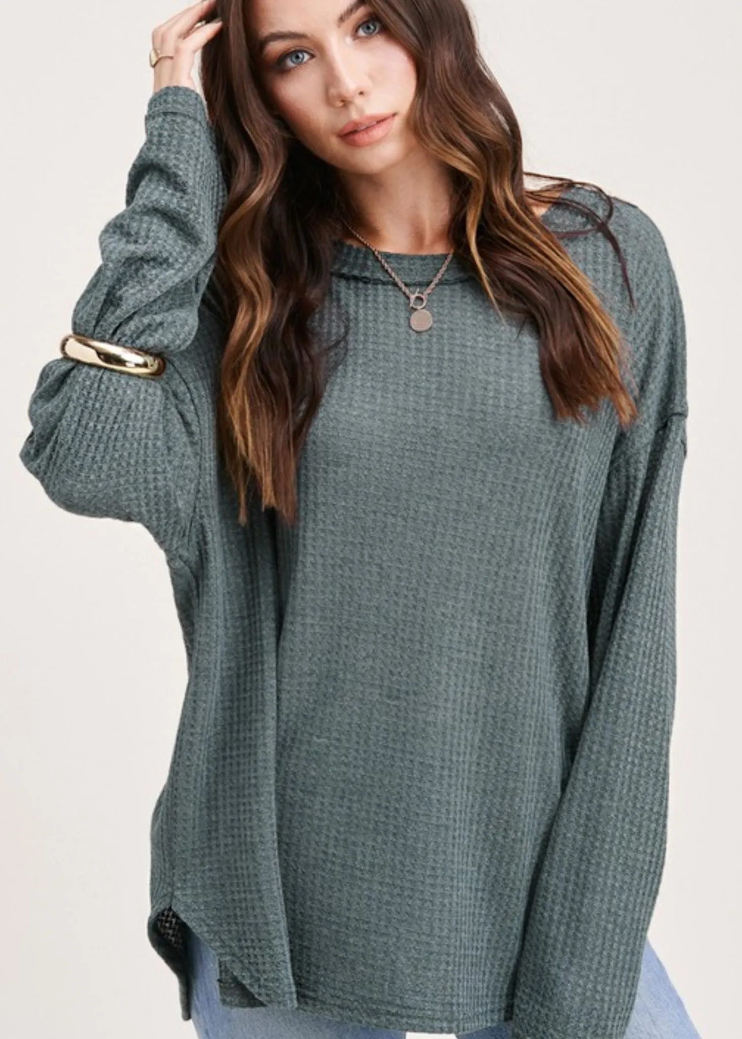 Bree, Waffle Weave, Split Hem, Long Sleeve Casual Top, Teal