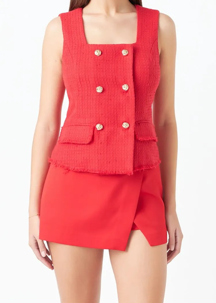 Bridgette Tweed Fringed Double Button Top- Red ***FINAL SALE***