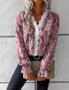 brown V Neck Casual Boho Floral Blouse Shirts