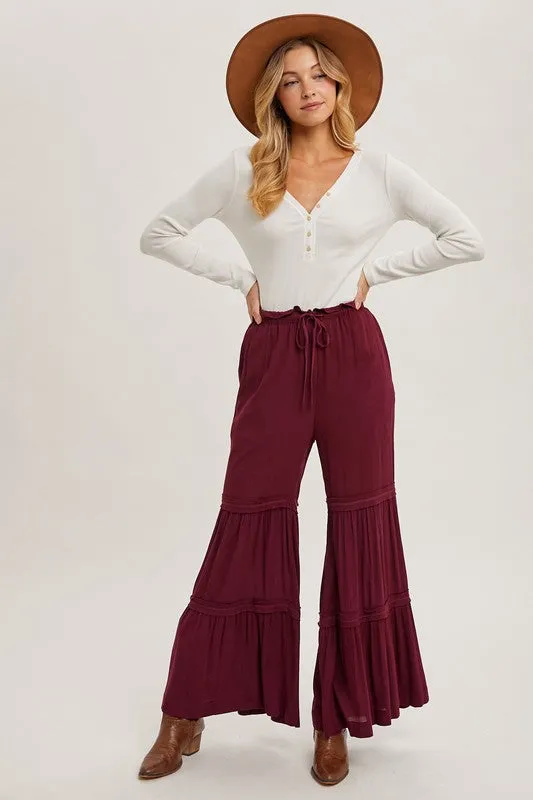 Burgundy Drawstring Waist Tiered Palazzo Pants