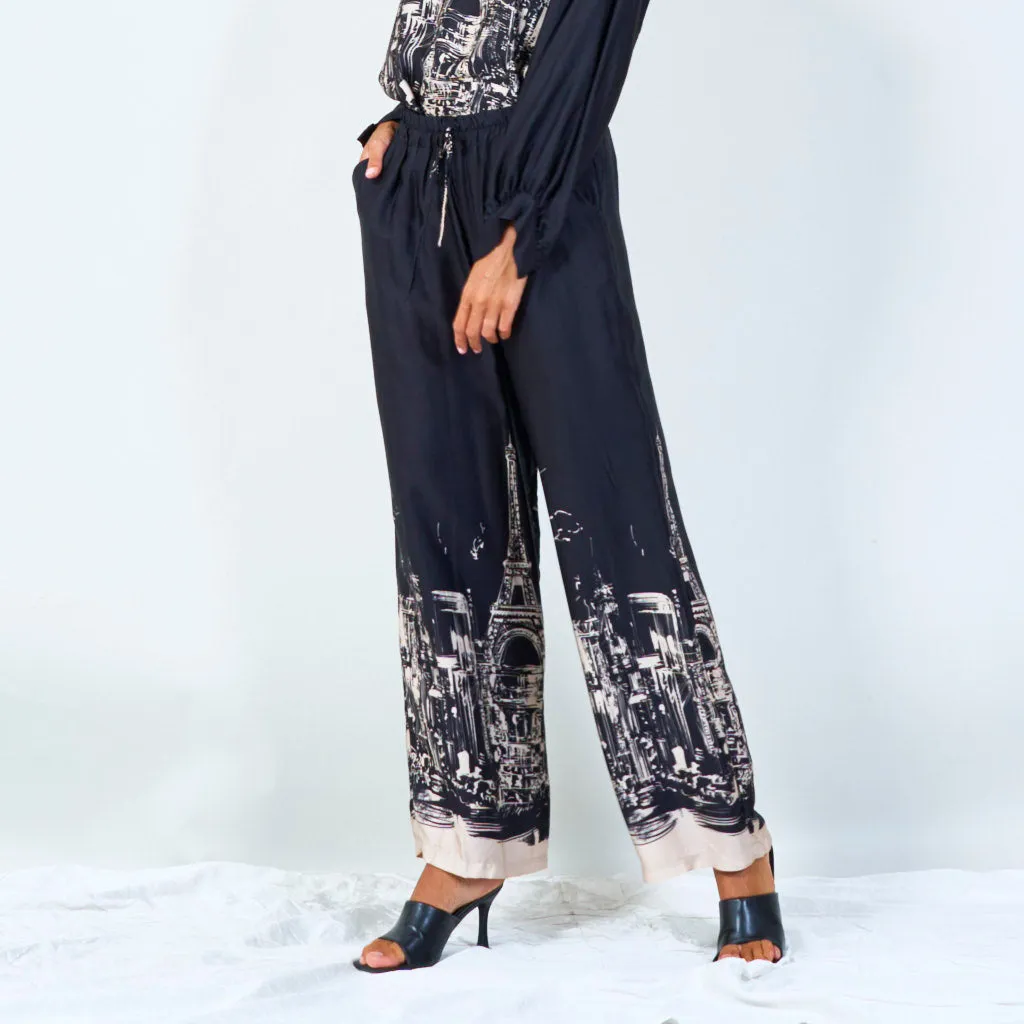 Cityscape print wide-leg pants with drawstring wholesale