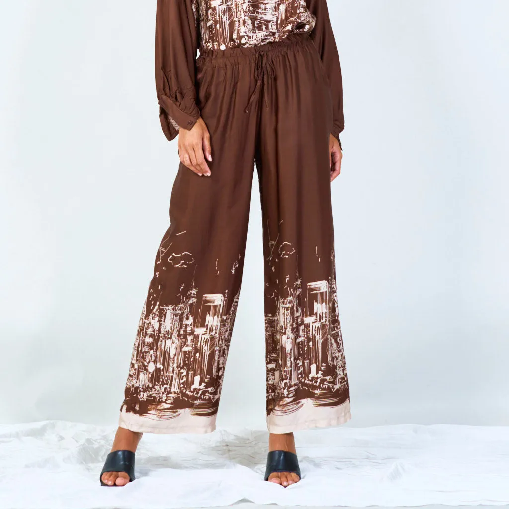 Cityscape print wide-leg pants with drawstring wholesale