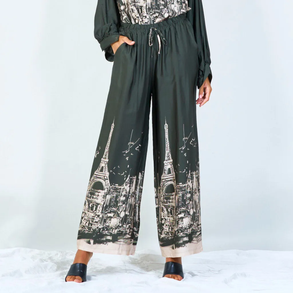 Cityscape print wide-leg pants with drawstring wholesale