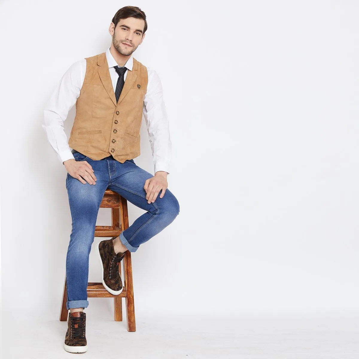 Cowboy Look Vest in Camel Suede Leather