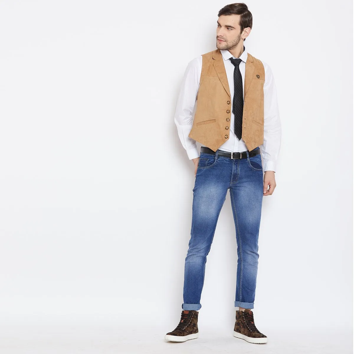 Cowboy Look Vest in Camel Suede Leather