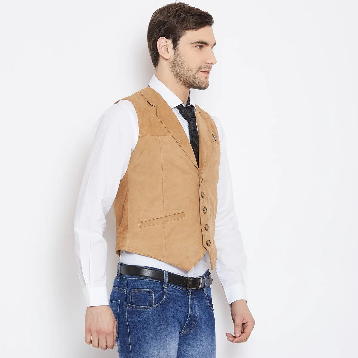 Cowboy Look Vest in Camel Suede Leather