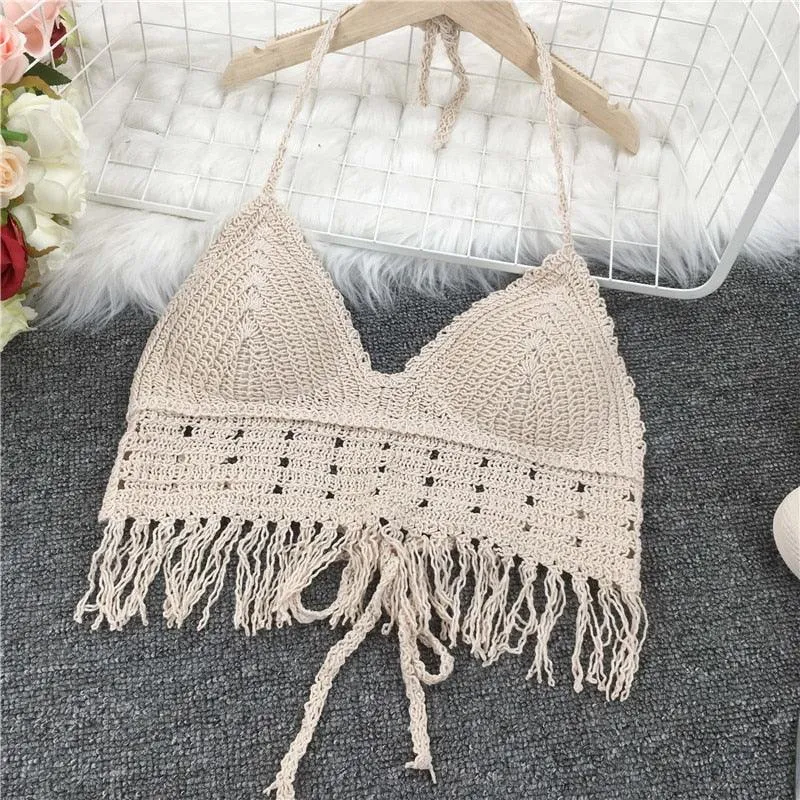 Crochet Tassel Halter Neck Crop Top