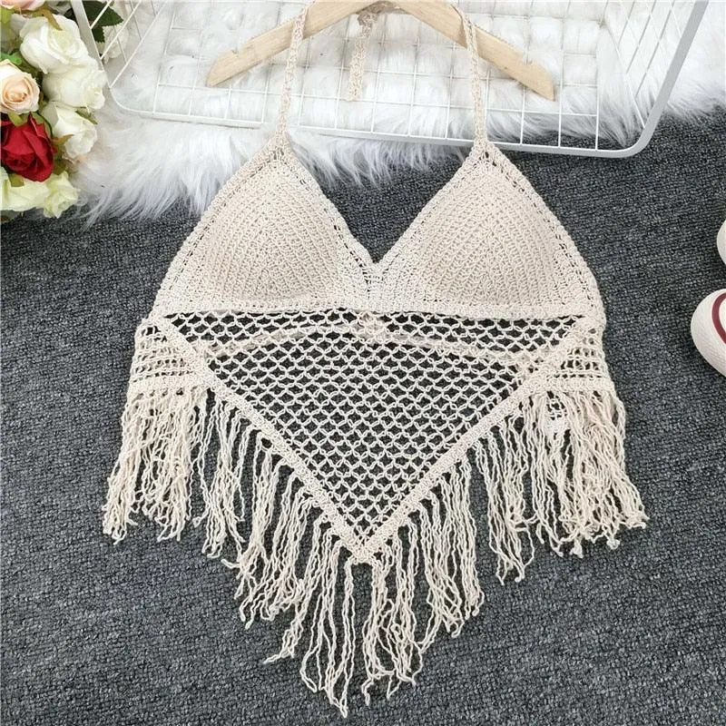 Crochet Tassel Halter Neck Crop Top