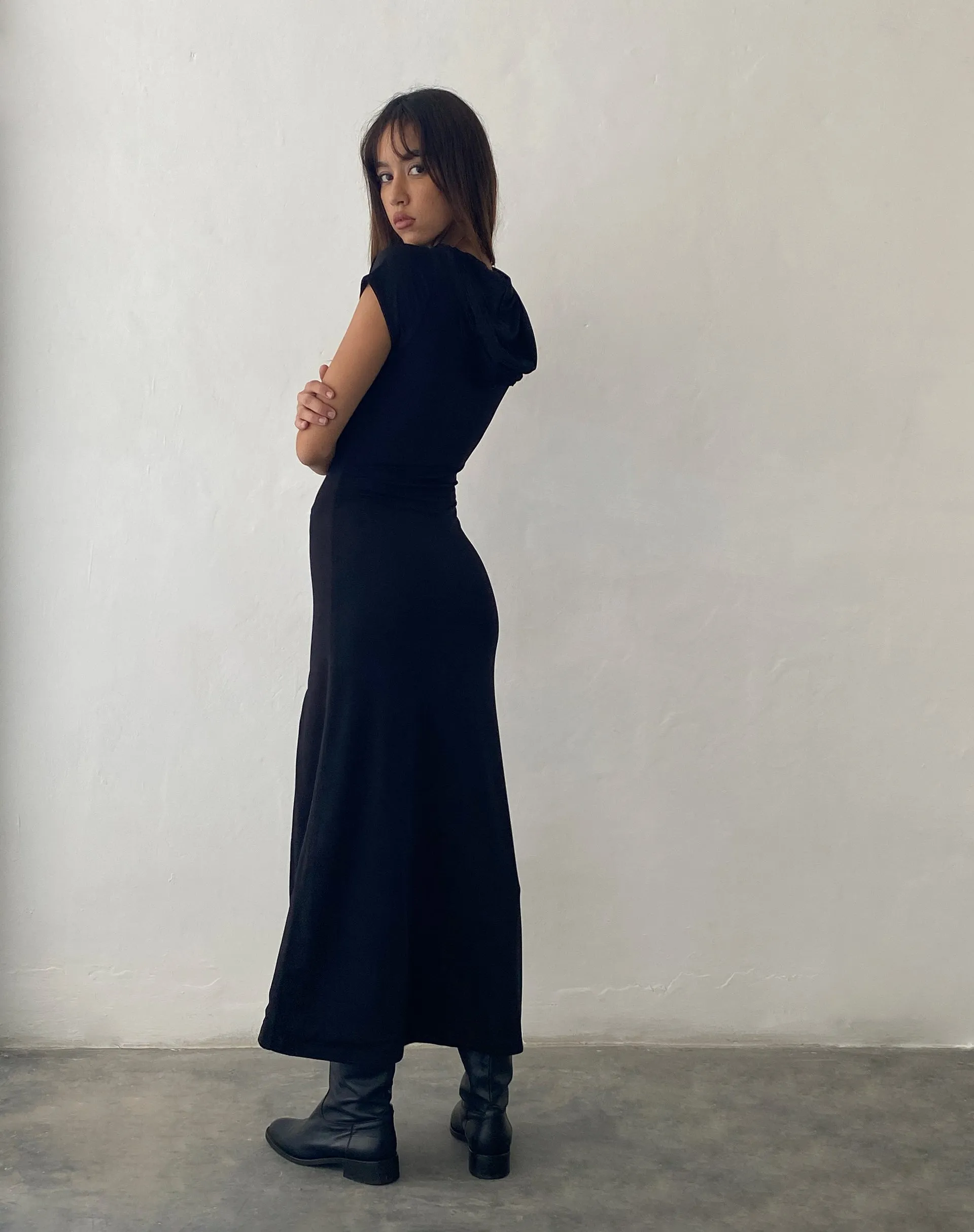 Dixie Hooded Maxi Dress in Slinky Black