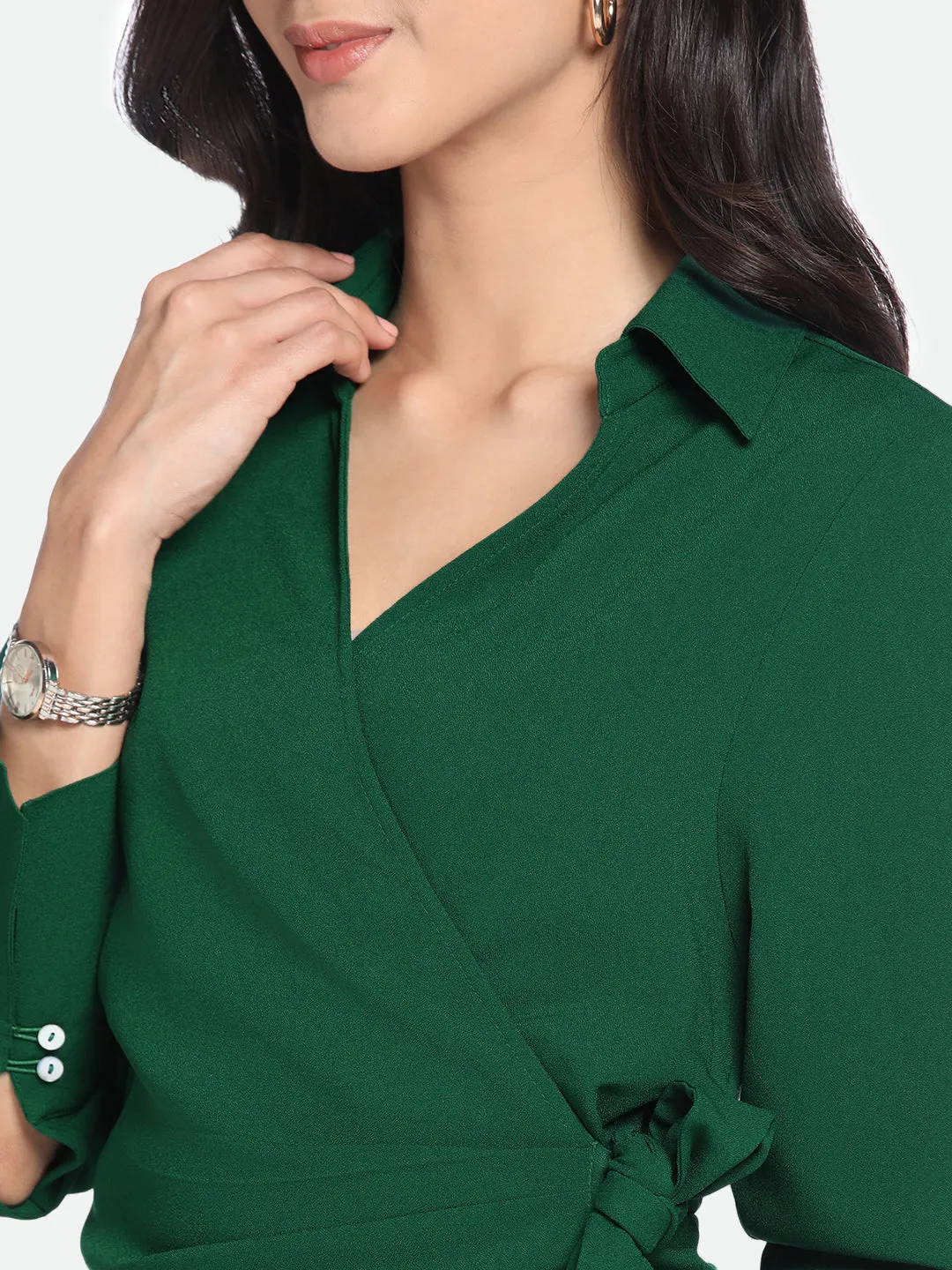 DL Woman V- Neck Regular Fit Solid Green Wrap Dress