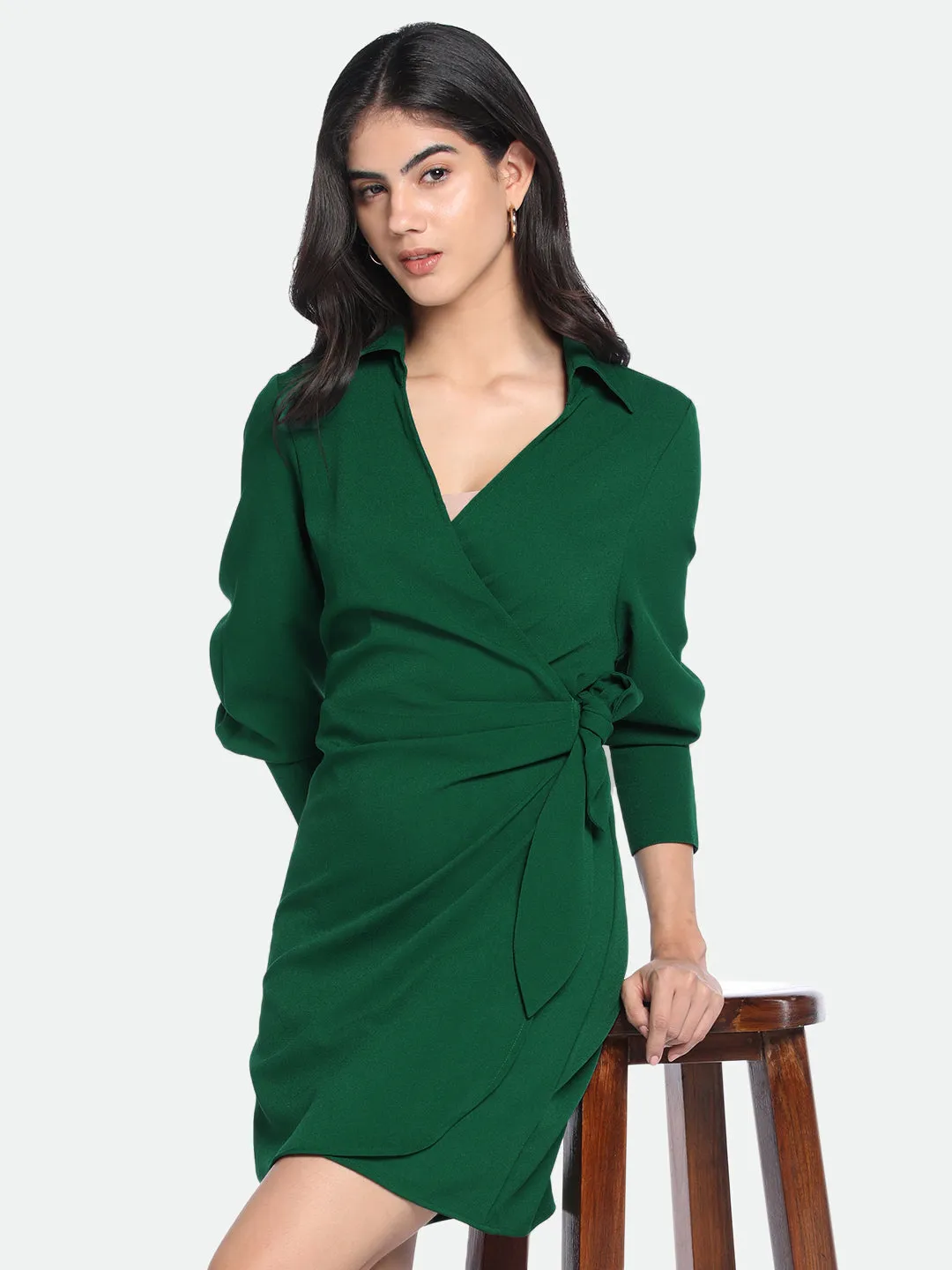 DL Woman V- Neck Regular Fit Solid Green Wrap Dress