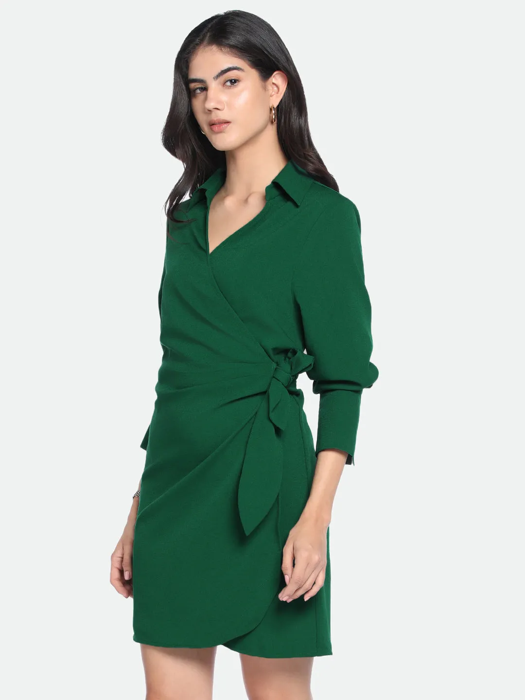 DL Woman V- Neck Regular Fit Solid Green Wrap Dress