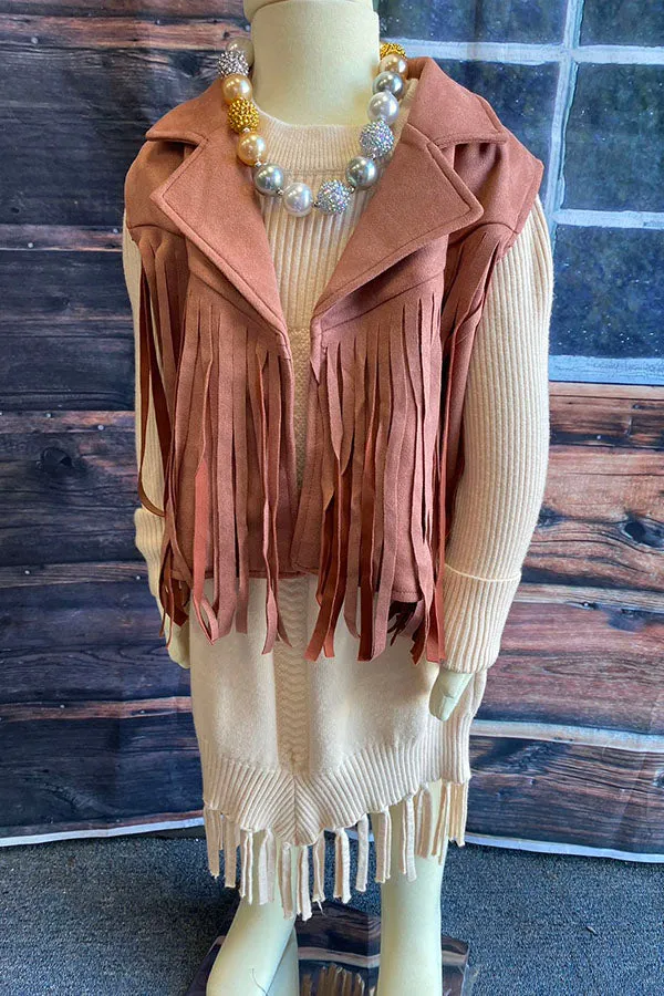 DLH2655 Mauve pink suede girls vest with tassels