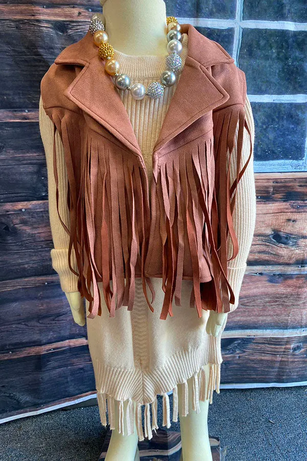 DLH2655 Mauve pink suede girls vest with tassels