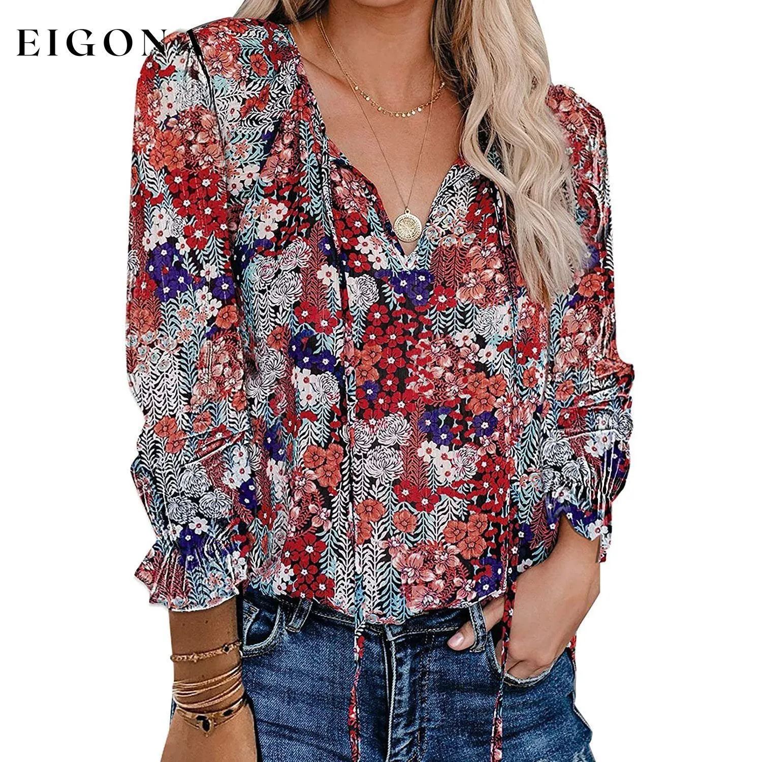 Dokotoo Women's Casual Boho Floral Printed V-Neck Top