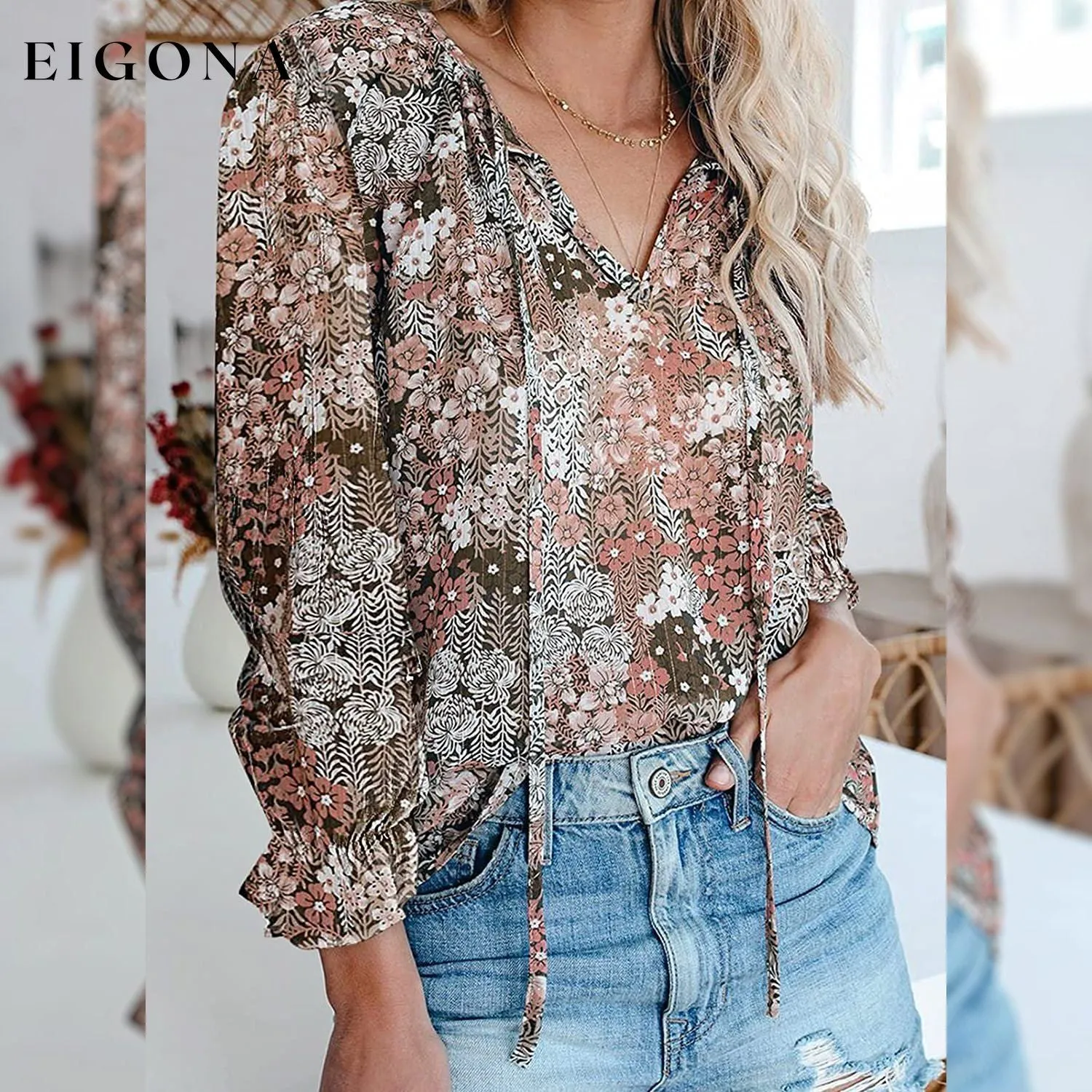 Dokotoo Women's Casual Boho Floral Printed V-Neck Top