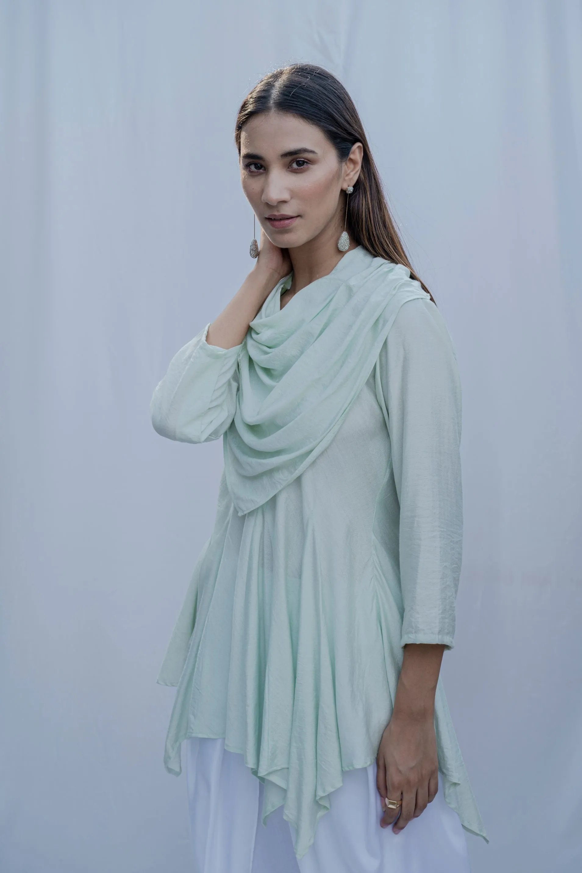 Dream Cowl Top In Mint Green And Tulip Dhoti In White - Set