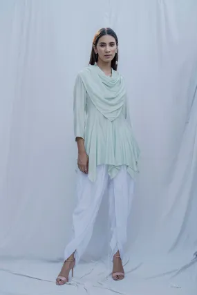 Dream Cowl Top In Mint Green And Tulip Dhoti In White - Set