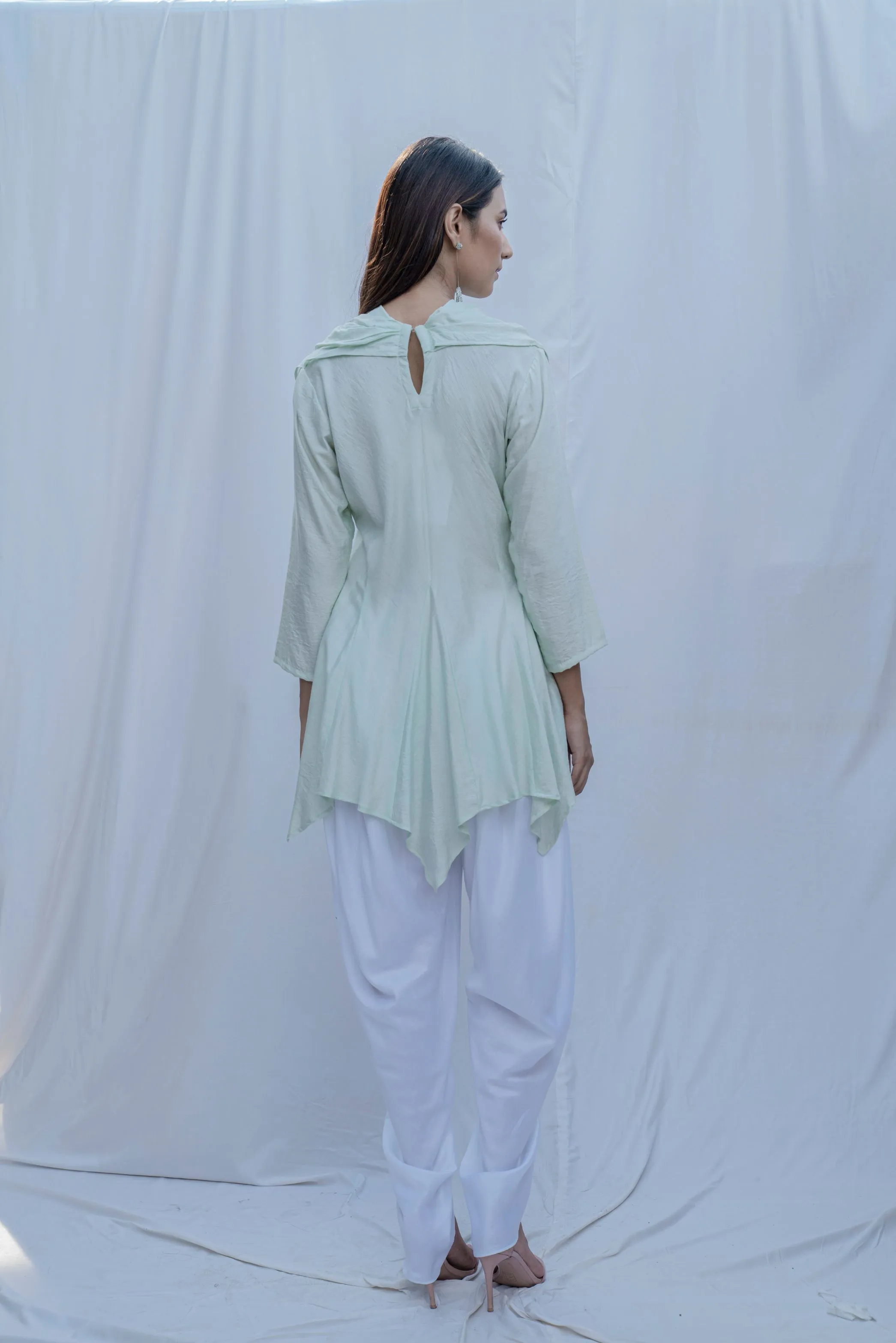 Dream Cowl Top In Mint Green And Tulip Dhoti In White - Set