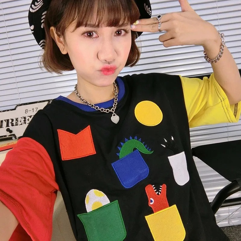 Embroidered Dino Portal Color Block T-shirt