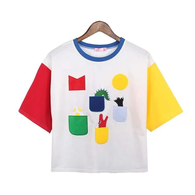 Embroidered Dino Portal Color Block T-shirt